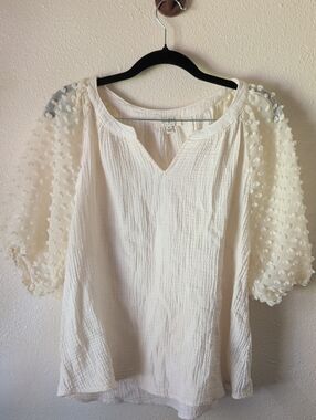 Umgee Cream Textured Blouse with Pom-Puff Sheer Sleeves